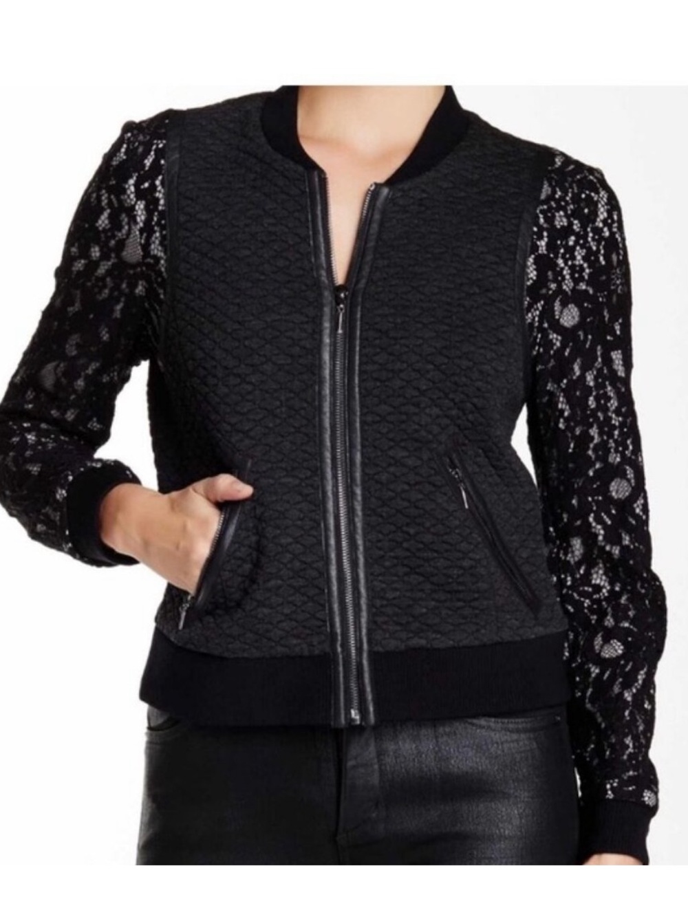 Rebecca Taylor Black Quilted Bomber with Lace Sleeves